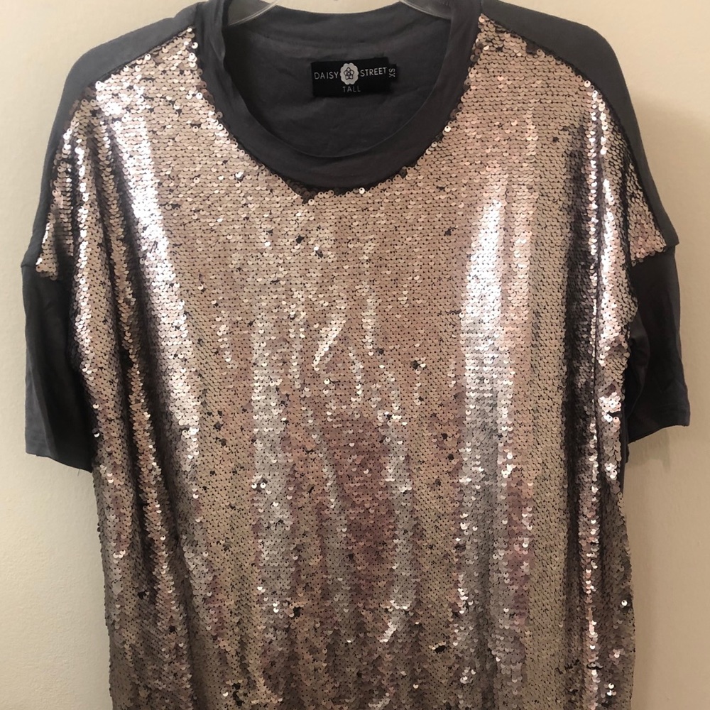 Slate grey sequin oversized t-shirt dress.
